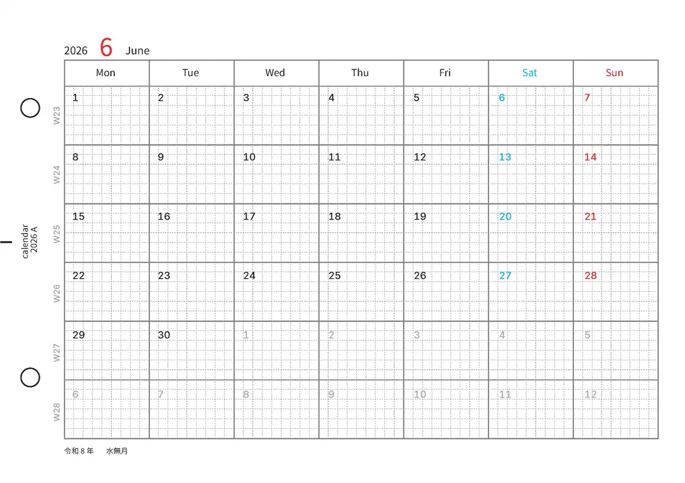 「2026年カレンダー A5横（1月はじまり）」2026年カレンダー A5横（1月はじまり）