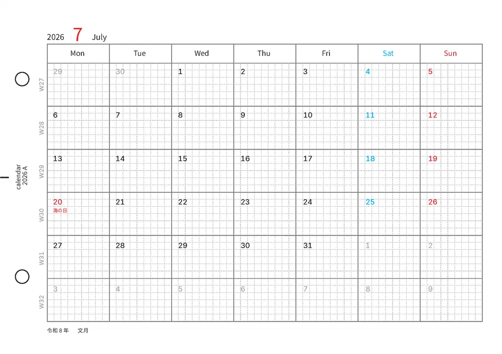 「2026年カレンダー A5横（1月はじまり）」2026年カレンダー A5横（1月はじまり）