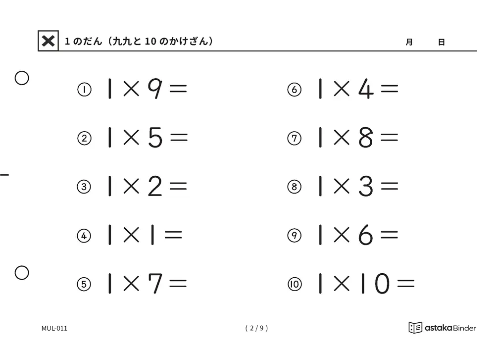「かけ算の意味を確かめられる」【A5版】1のだん（九九と10のかけざん）（2ページ目）