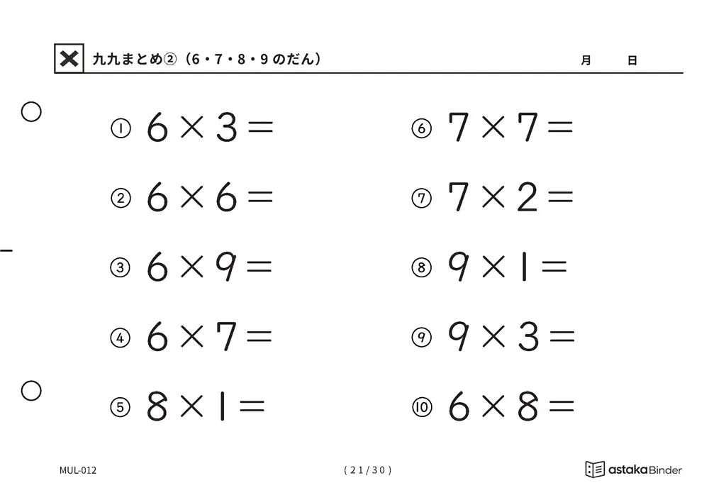 「間違いに気づきにくい範囲」【A5版】九九まとめ②（6・7・8・9のだん）（21ページ目）
