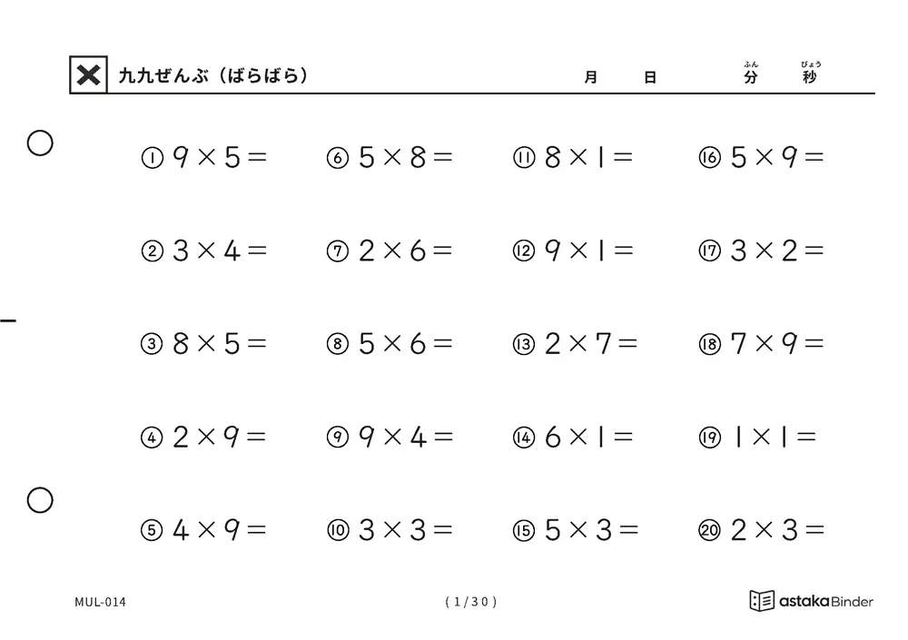 「順の助けなしで実力がわかる」【A5版】九九ぜんぶ（ばらばら）（1ページ目）