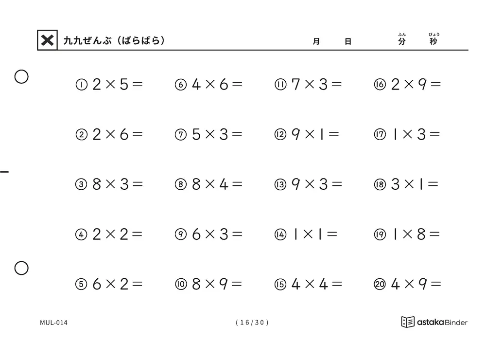 「順の助けなしで実力がわかる」【A5版】九九ぜんぶ（ばらばら）（16ページ目）