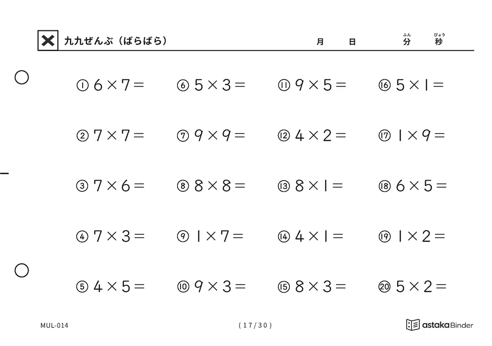「順の助けなしで実力がわかる」【A5版】九九ぜんぶ（ばらばら）（17ページ目）