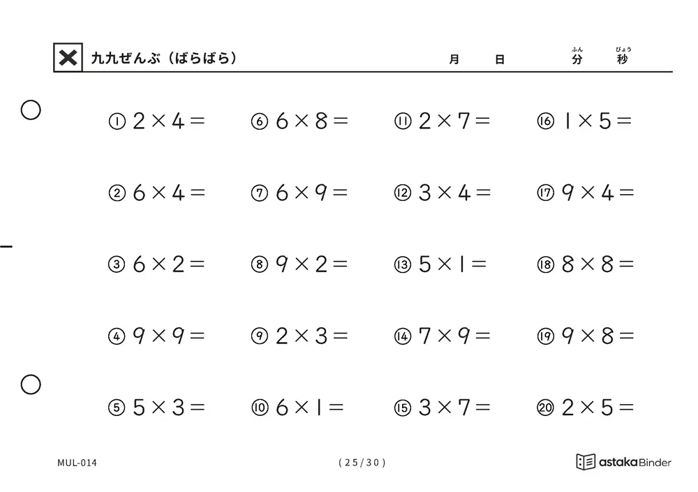 「順の助けなしで実力がわかる」【A5版】九九ぜんぶ（ばらばら）（25ページ目）