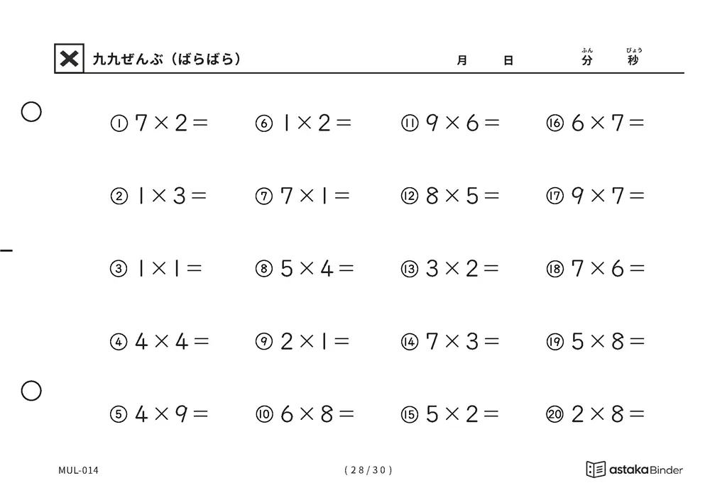「順の助けなしで実力がわかる」【A5版】九九ぜんぶ（ばらばら）（28ページ目）