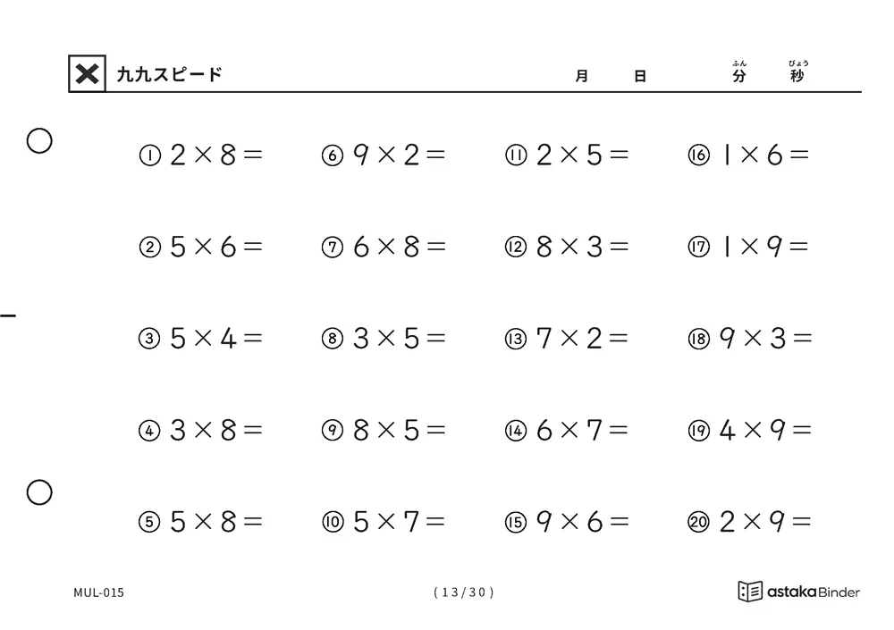 「順の助けなしで実力がわかる」【A5版】九九スピード（13ページ目）