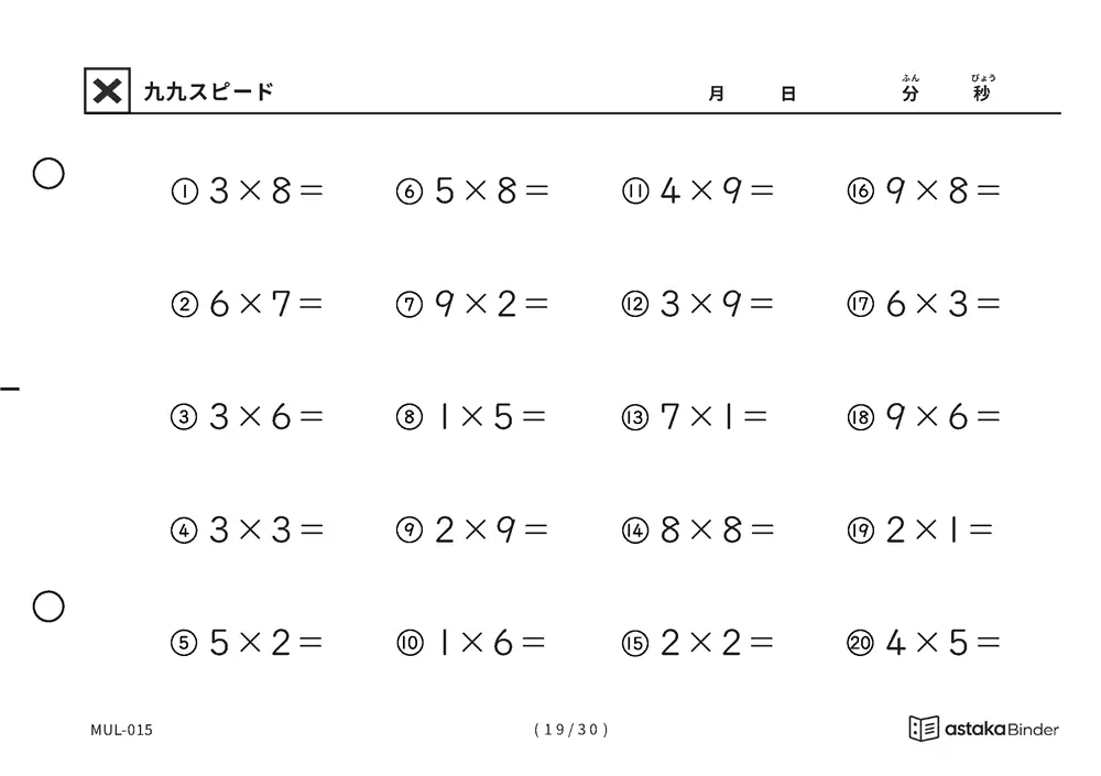 「順の助けなしで実力がわかる」【A5版】九九スピード（19ページ目）