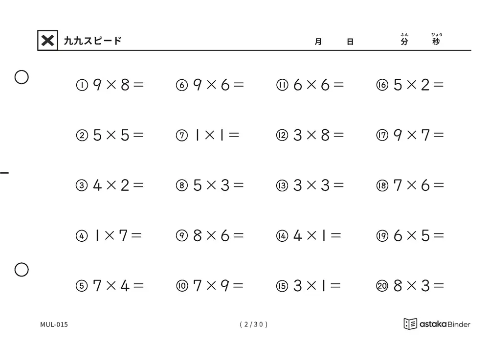 「順の助けなしで実力がわかる」【A5版】九九スピード（2ページ目）