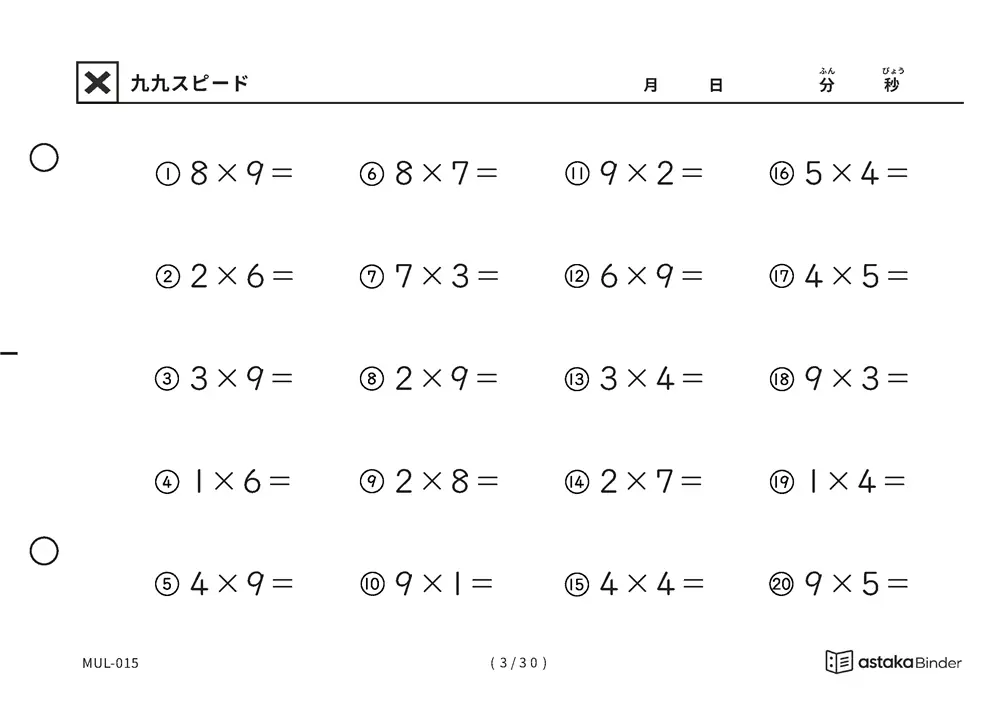 「順の助けなしで実力がわかる」【A5版】九九スピード（3ページ目）