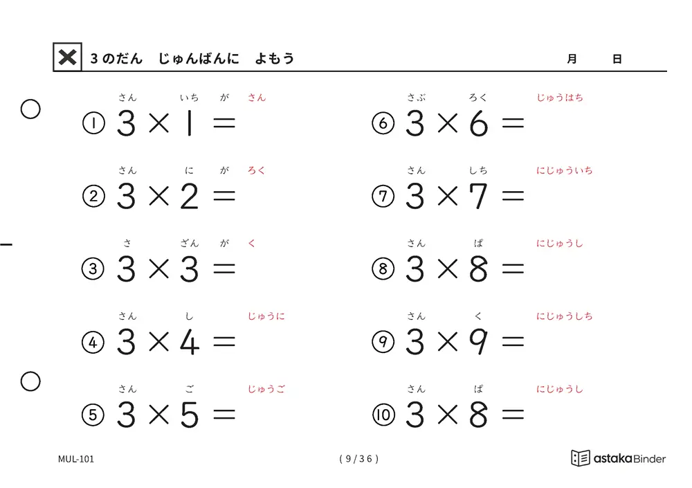3の段 読みがな付き九九プリント A5横 4枚