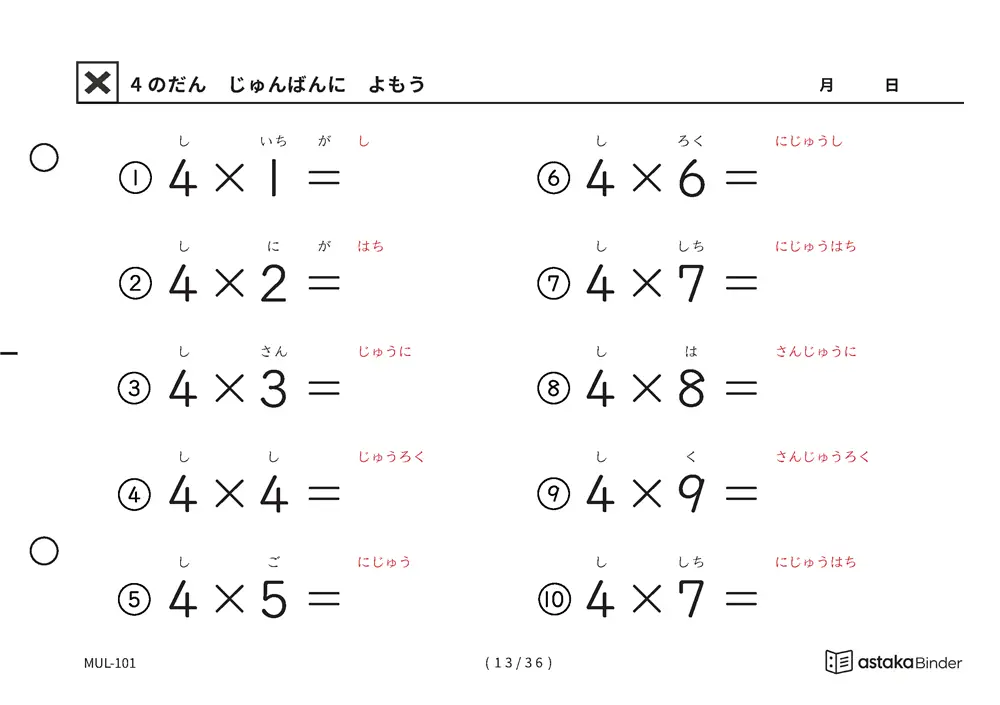 4の段 読みがな付き九九プリント A5横 4枚