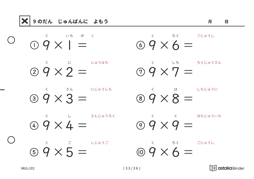 9の段 読みがな付き九九プリント A5横 4枚
