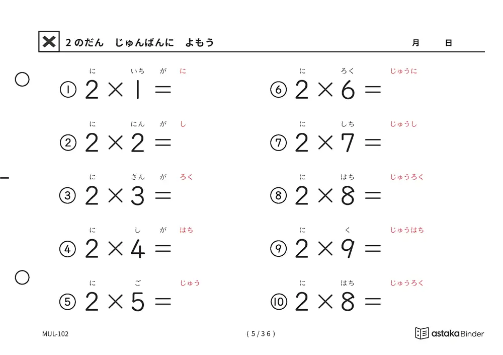 教科書の順番 2の段 読みがな付き九九プリント A5横 4枚