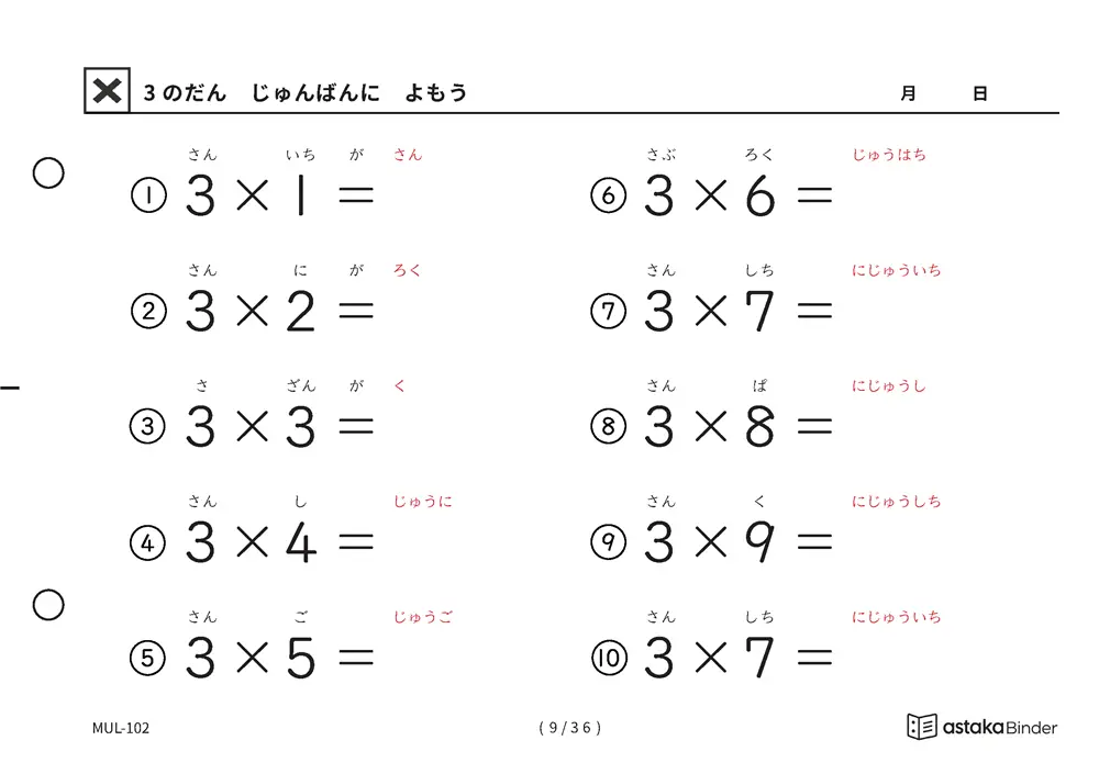 教科書の順番 3の段 読みがな付き九九プリント A5横 4枚