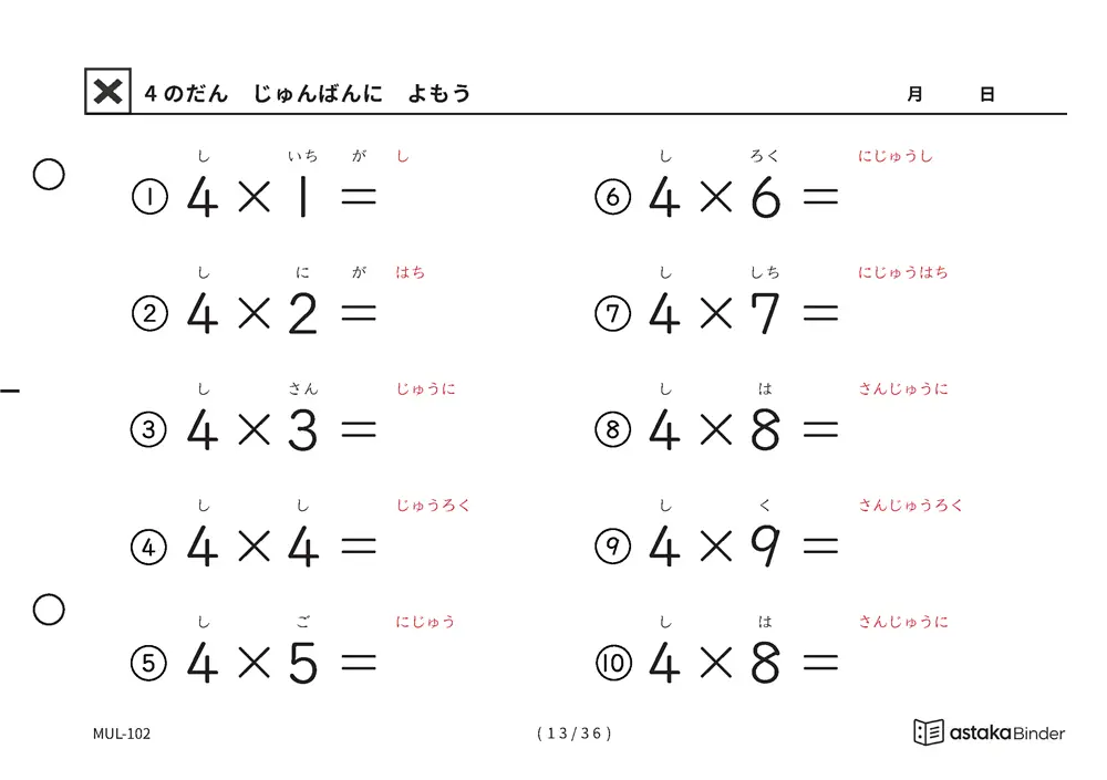 教科書の順番 4の段 読みがな付き九九プリント A5横 4枚