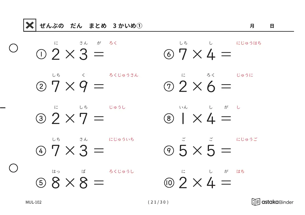 ぜんぶのだん まとめ 3かいめ 読みがな付き九九プリント A5横 10枚