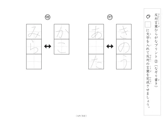 「反対言葉穴埋め１つ版100問プリント」反対言葉穴埋め１つ版100問プリント
