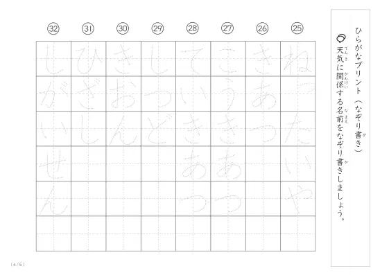 「ひらがなで学べる」天気に関係する名前のなぞり書きプリント