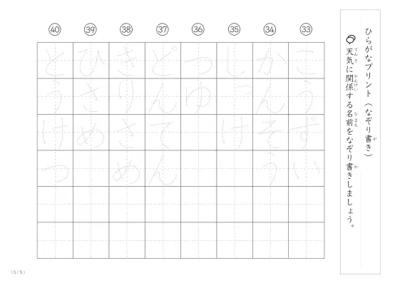 「ひらがなで学べる」天気に関係する名前のなぞり書きプリント