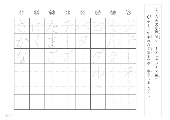 「点々文字でなぞり書き」キッチンに関する言葉で文字練習