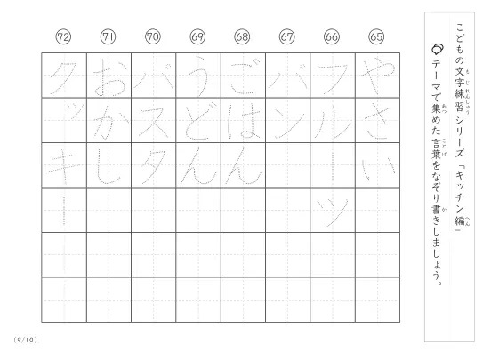 「点々文字でなぞり書き」キッチンに関する言葉で文字練習