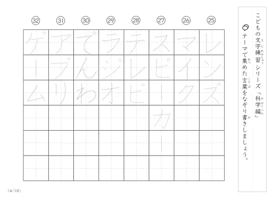 「点々文字でなぞり書き」科学に関する言葉で文字練習