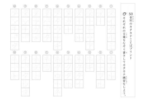 「50音別の」カタカナ言葉なぞり書きプリント