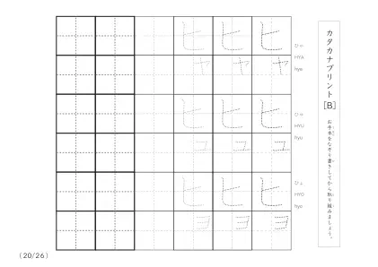 「3つずつあるなぞり書き＆練習枠」カタカナ（清音、濁音、拗音）練習B