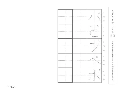 「2行分のなぞり書き＆練習枠」カタカナ（清音、濁音、拗音）練習C