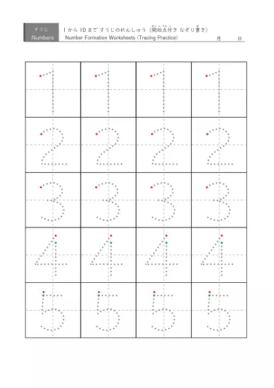 「数字の書き方と数の概念を身につける事が目標」大き目サイズの数字練習プリント（5種類）