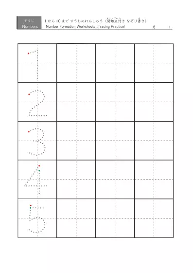 「数字の書き方と数の概念を身につける事が目標」大き目サイズの数字練習プリント（5種類）