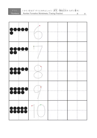 「数字の書き方と数の概念を身につける事が目標」大き目サイズの数字練習プリント（5種類）