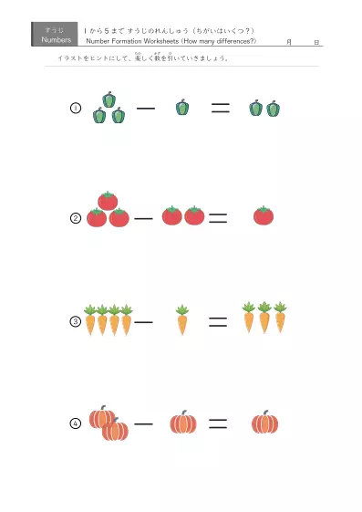 「5までの数を学ぶ」数字の代わりに絵を使う引き算４問版