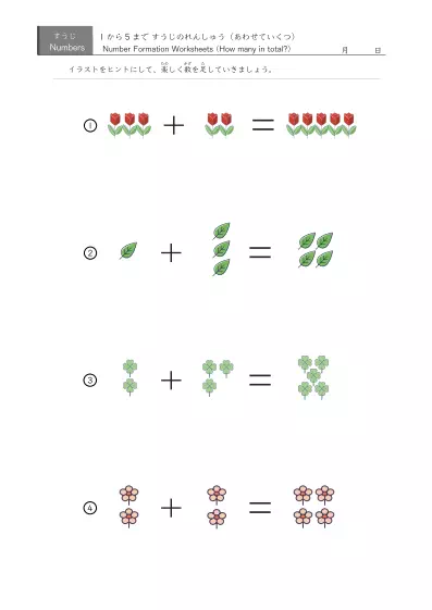 「5までの数を学ぶ」数字の代わりに絵を使う足し算４問版