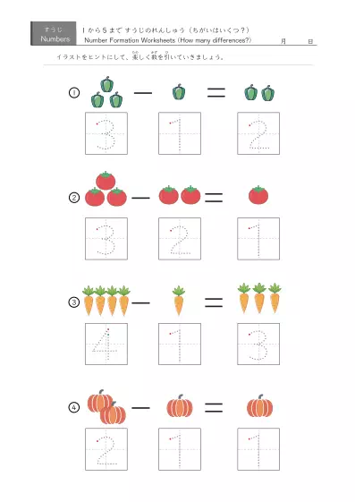 「5までの数を学ぶ」イラスト・数字書き込み欄付き引き算４問版