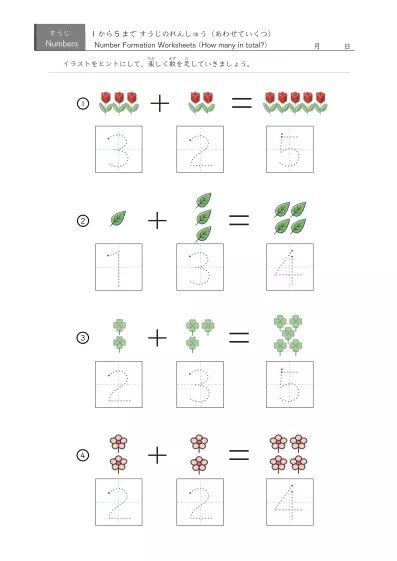 「5までの数を学ぶ」イラスト・なぞり数字付き足し算４問版