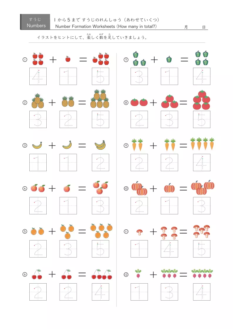 イラストとなぞり数字付きの足し算プリント（1から5までの数）