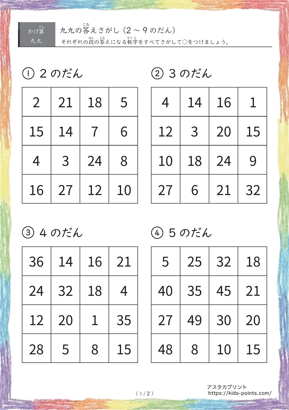 九九の答え探しプリント（段の順）