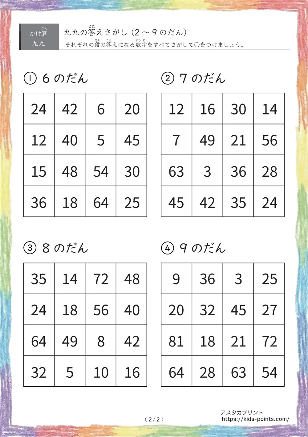 「パズル感覚の新感覚」答え探しのかけ算プリント（段の順）