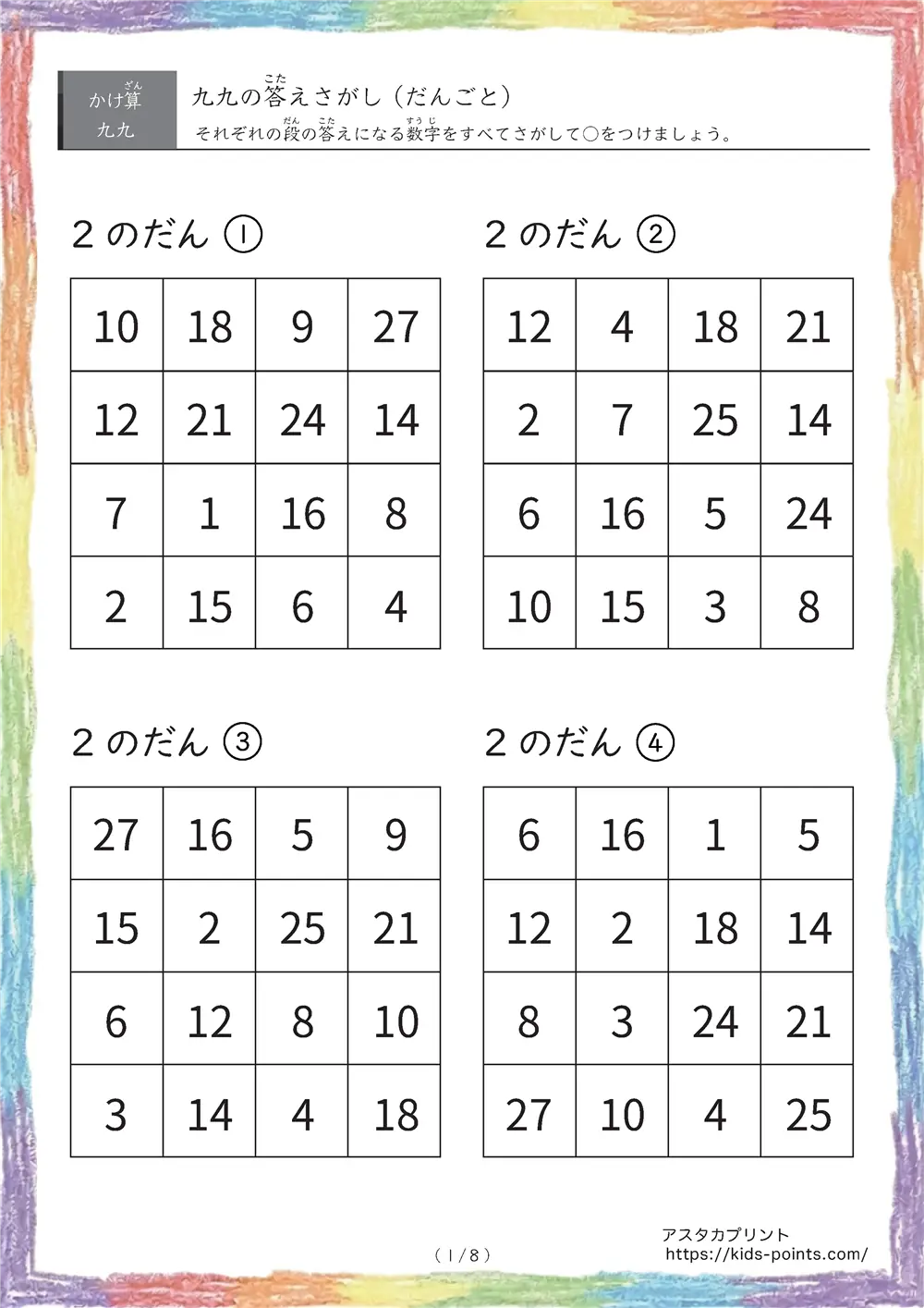 九九の答え探しのプリント（段ごと版）
