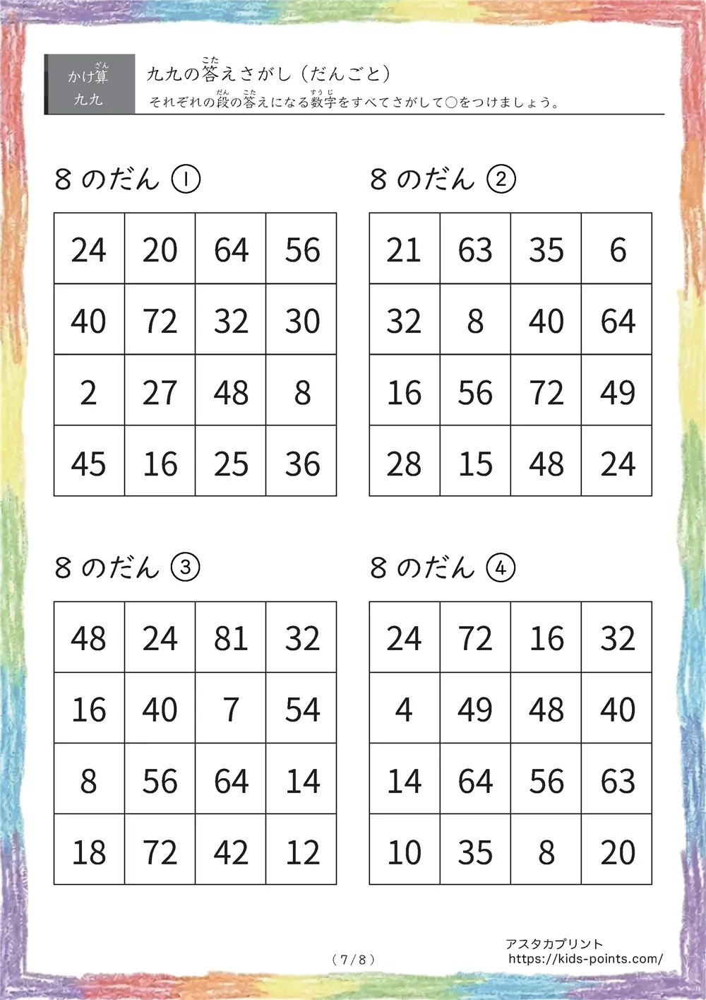 「九九の答えさがし」答え探しのかけ算プリント（段ごと版）
