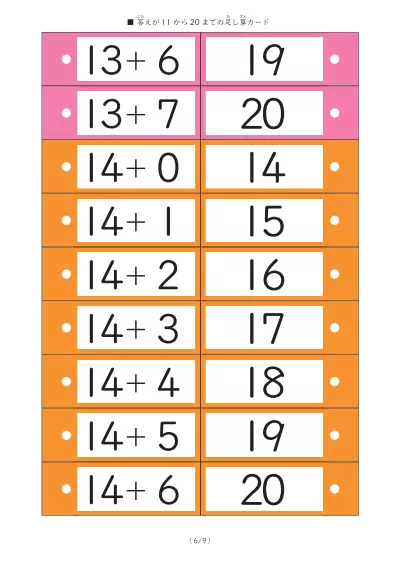 「繰り上がり足し算も含む計算カード」答えが11から20までの足し算カード