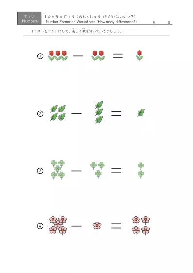 「5までの数を学ぶ」数字の代わりに絵を使う引き算４問版