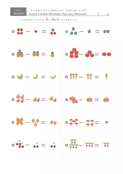 「5までの数を学ぶ」数字の代わりに絵を使う引き算12問版