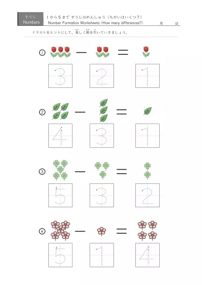 「5までの数を学ぶ」イラスト・数字書き込み欄付き引き算４問版