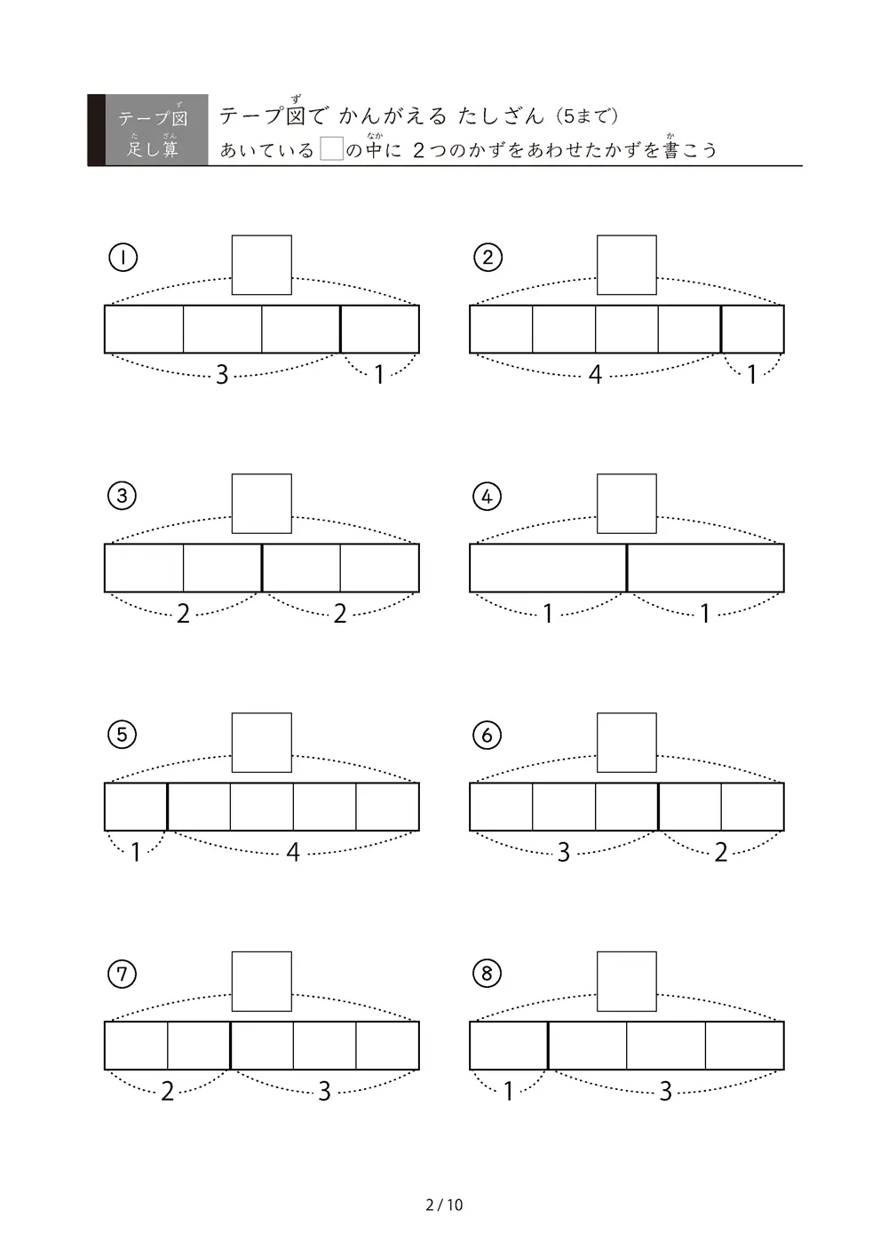 「数をテープで「見える化」」テープ図で考えるたしざん（5まで）