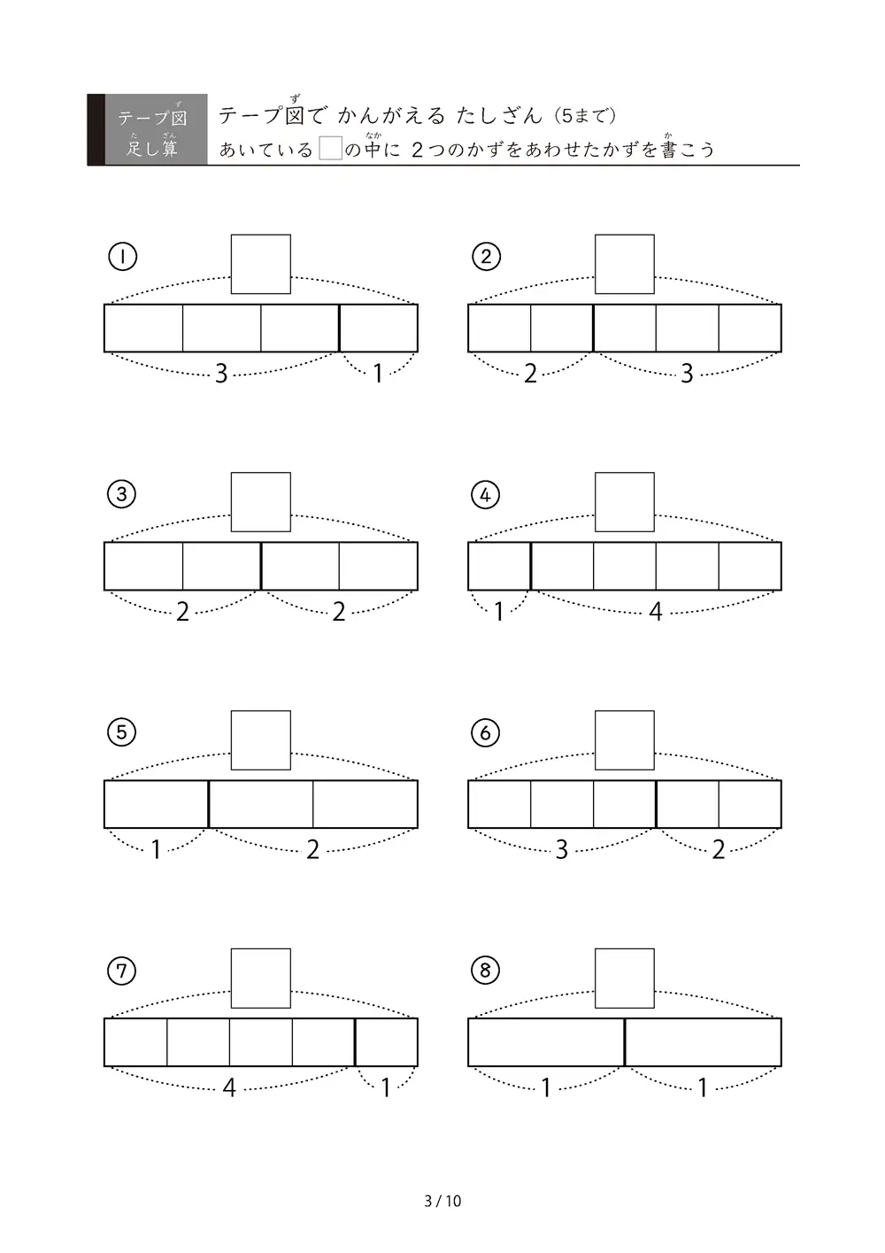 「数をテープで「見える化」」テープ図で考えるたしざん（5まで）