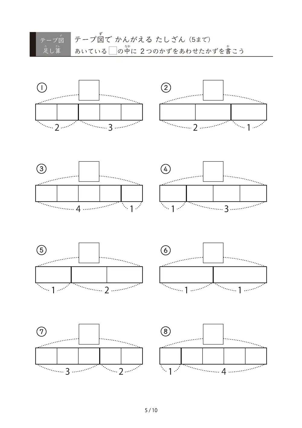 「数をテープで「見える化」」テープ図で考えるたしざん（5まで）