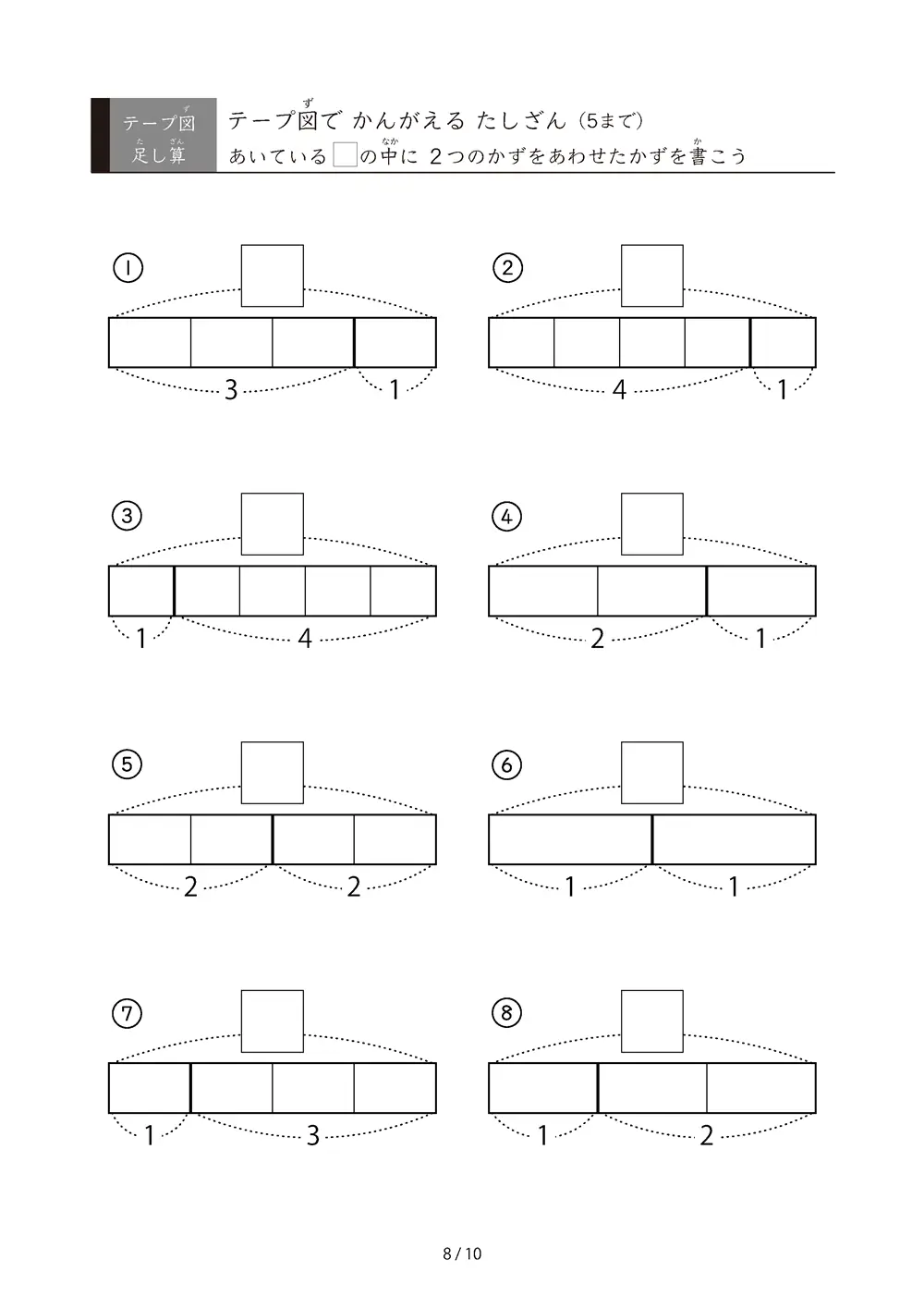 「数をテープで「見える化」」テープ図で考えるたしざん（5まで）