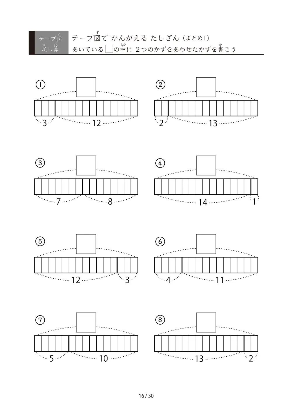 「やさしい問題から難しくなる」テープ図たしざんの総復習プリント